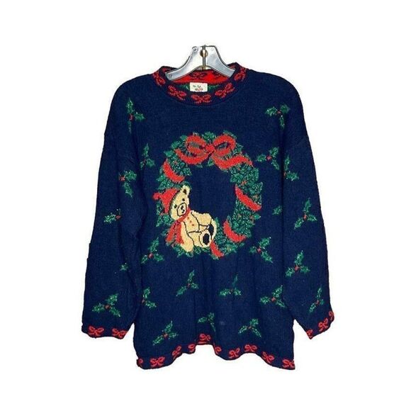 Nutcracker by Adele Blue Ugly Sweater S ~VTG 80's~Teddy Bear Christmas Oversized - Picture 6 of 7